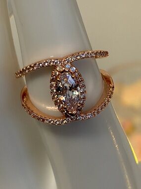 NEW 14K Rose Gold Plated Marquise CZ Statement Ring | Double Band Luxe Wrap |